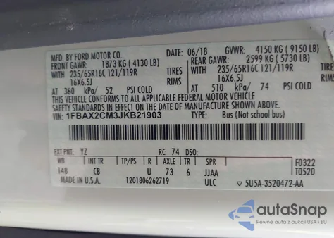 2018 Ford Transit-350 Xl из США, поврежденный, VIN 1FBAX2CM3JKB21903